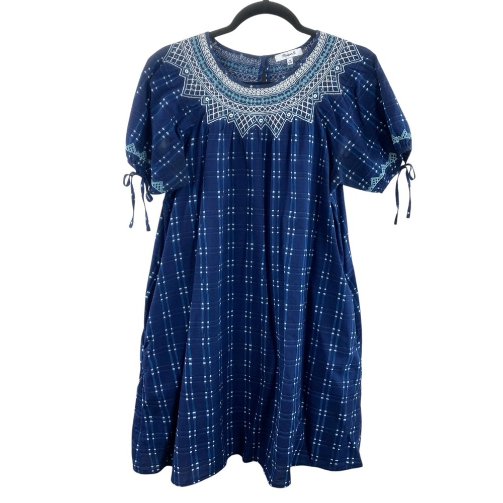 Madewell Embroidered Puff-Sleeve Babydoll Dress in‎ Indigo Plaid Size XS